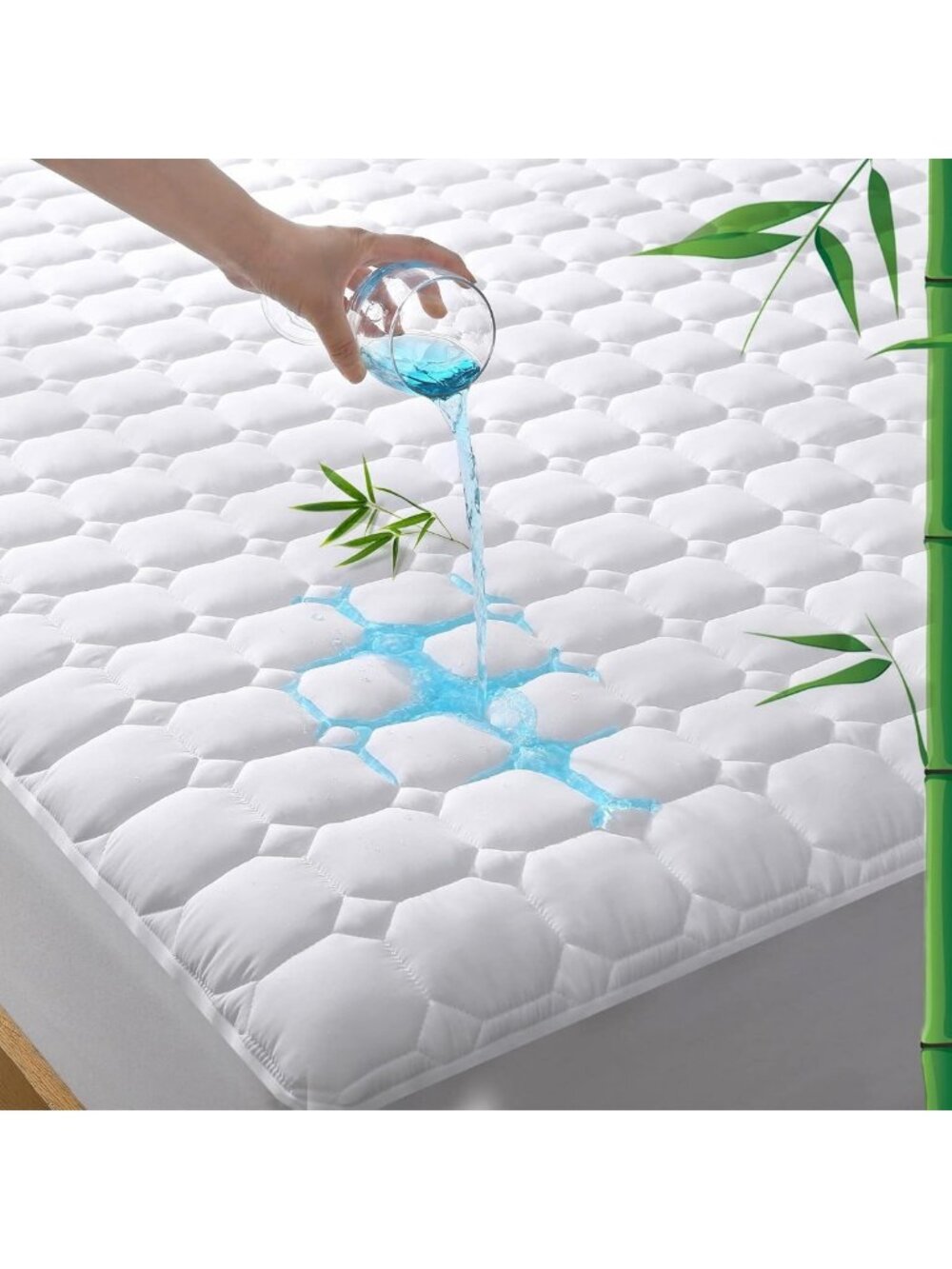 Waterproof King Mattress Protector, Deep Pocket Bamboo Pad Cover, Soft Quilted